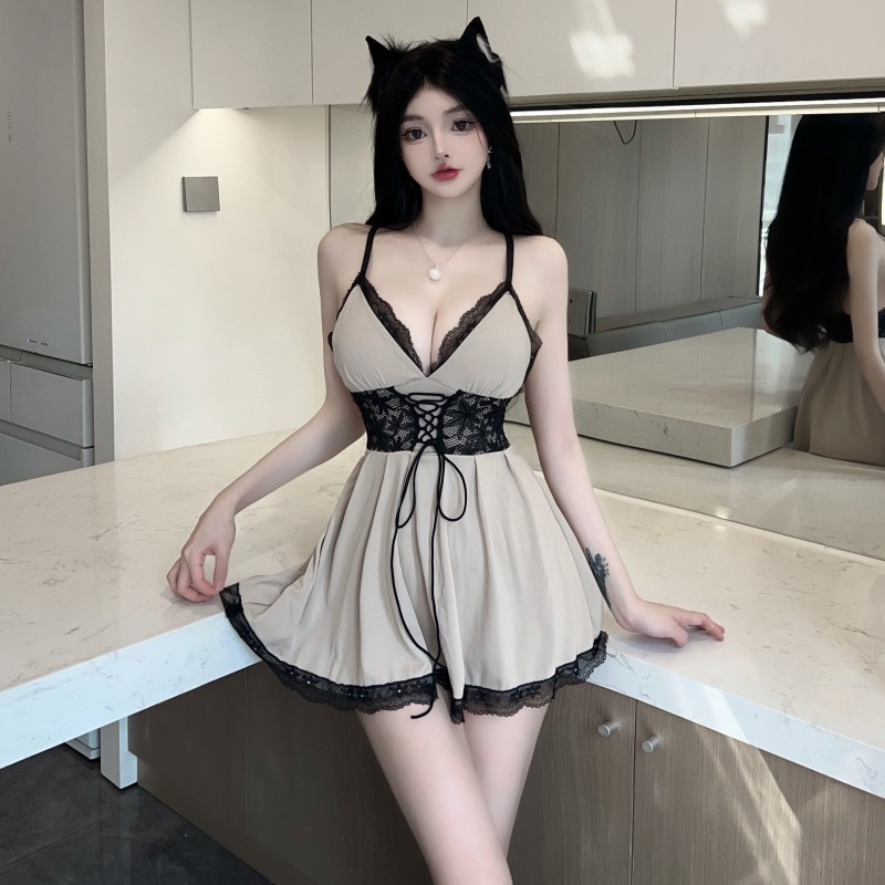 實拍~性感純欲四季款吊帶v領大擺修腰連衣裙女