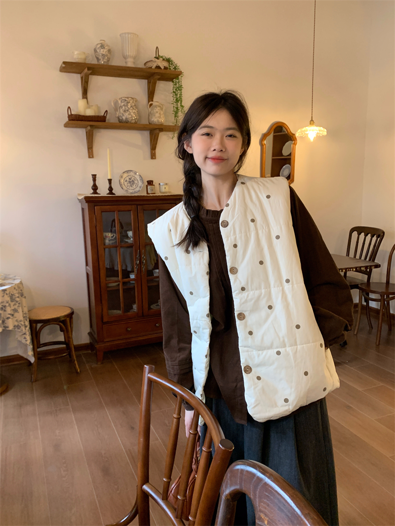 實拍~簡約文藝百搭小波點加厚保暖棉馬甲+百搭上衣女潮