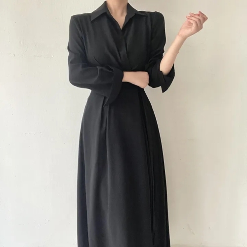韩国chic 春秋法式小众设计感不规则绑带收腰显瘦长袖系扣连衣裙