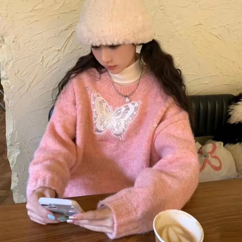復古慵懶風多巴胺甜美蝴蝶毛衣女2023冬季新款寬鬆綿羊絨針織上衣