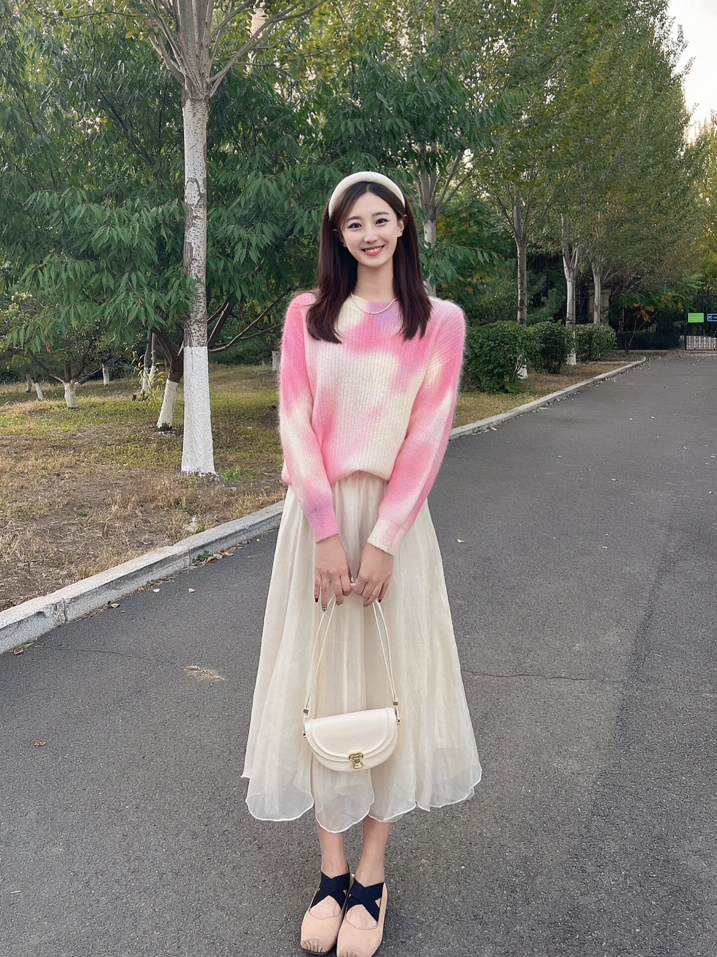 氣質復古溫柔漸變色條紋針織衫女2023新款圓領套頭長袖半身裙套裝