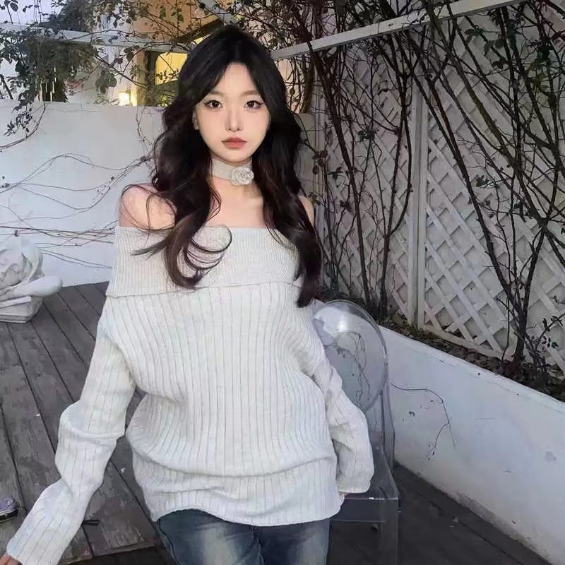 一字肩慵懶風毛衣女秋冬2023新款小個子高級感綿羊絨針織衫上衣潮
