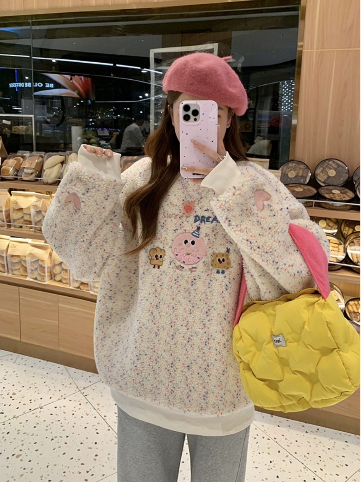原版面料+刺繡+複合銀狐絨羊羔毛衛衣女秋冬寬鬆外穿套頭上衣潮