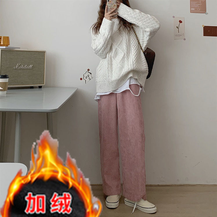 雪尼爾3D絨加絨燈芯絨褲子女秋冬直筒拖地褲休閒闊腿褲.