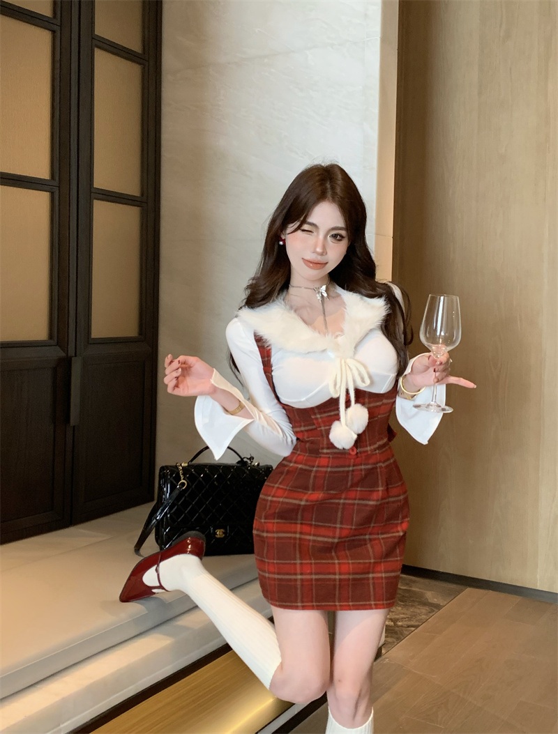 實拍 設計感毛毛領上衣百搭打底衫t恤+背心裙女內搭連衣裙女