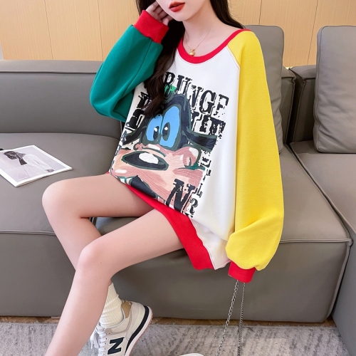 Real shot of pure cotton Chinese cotton back collar Korean style loose contrast printed round neck sweatshirt for women