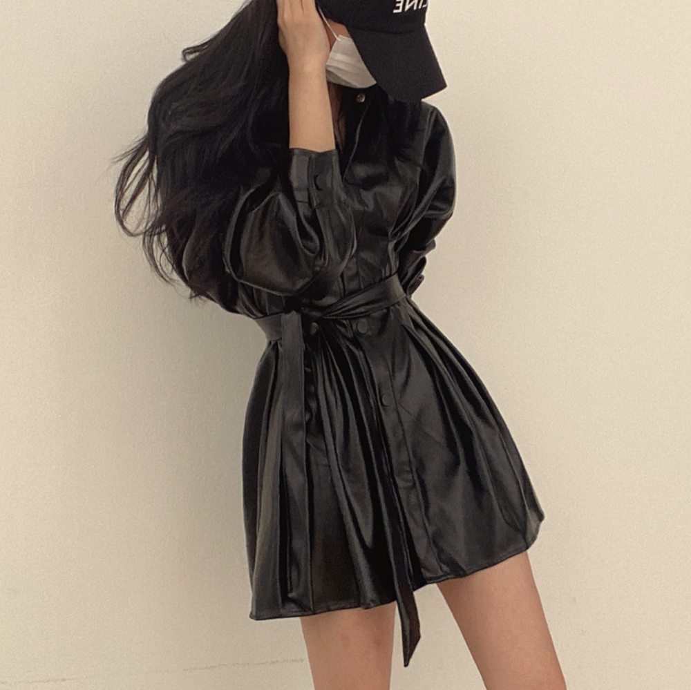 The size has been updated chic spring and autumn retro fashion strap waist motorcycle leather shirt jacket