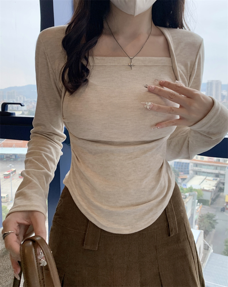 實拍~不規則方領磨毛t恤女長袖秋冬內搭打底衫顯瘦上衣