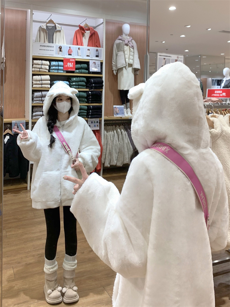 Actual shot#Furry cardigan jacket for women in winter new style loose and versatile warm hooded woolen plush top
