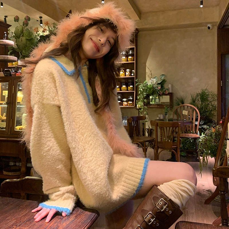 潮流甜酷polo領拼色毛衣女秋冬季寬鬆慵懶風小花刺繡針織衫上衣潮