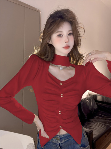 Real shot - new autumn and winter French style pleated puff sleeve halter neck slim bottoming sweater for women