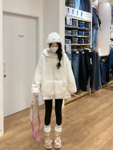 Actual shot#Furry cardigan jacket for women in winter new style loose and versatile warm hooded woolen plush top