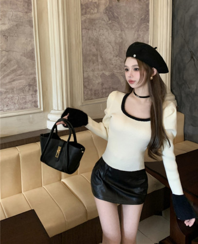 Actual shot - Korean version of furry contrasting color knitted long-sleeved bottoming women's all-match inner puff-sleeved slim sweater