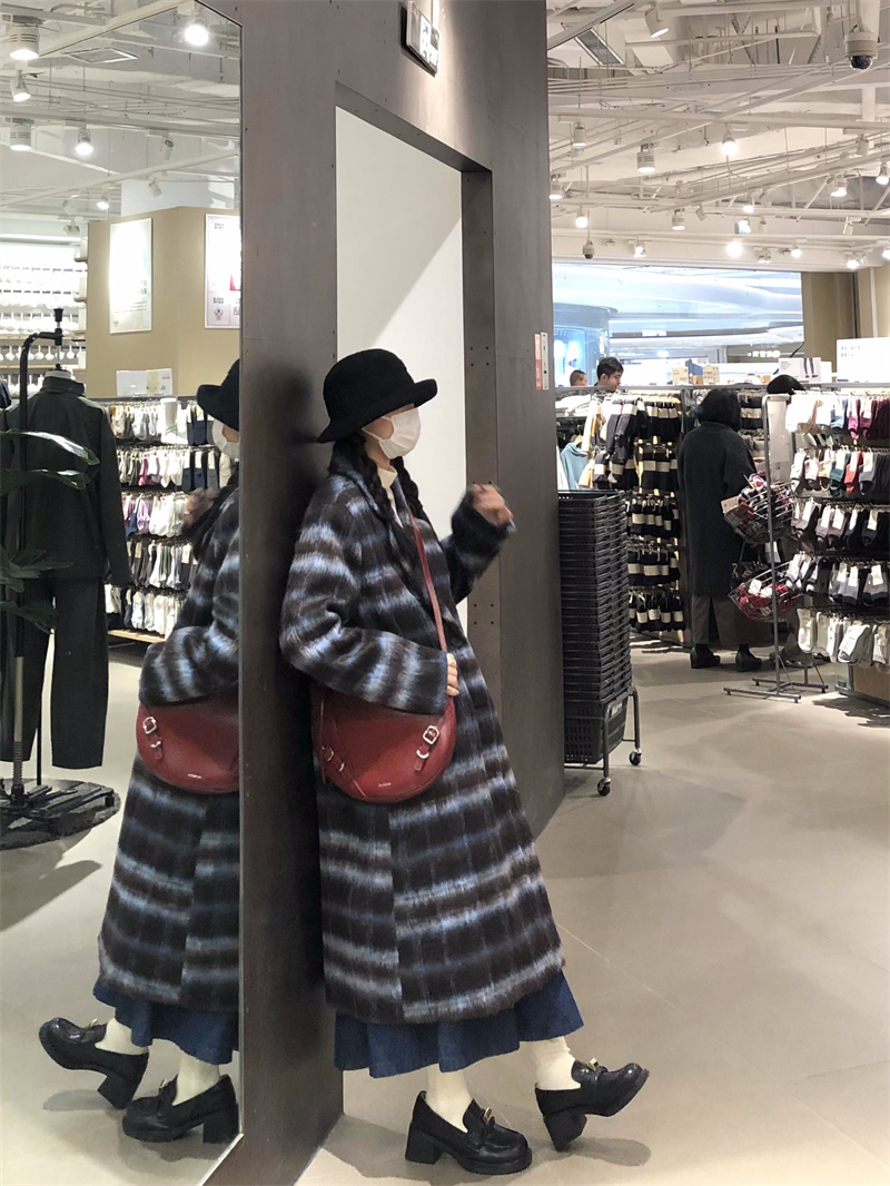 Actual shot#Wool coat for women 2023 new autumn and winter plaid loose temperament long knee-length woolen coat