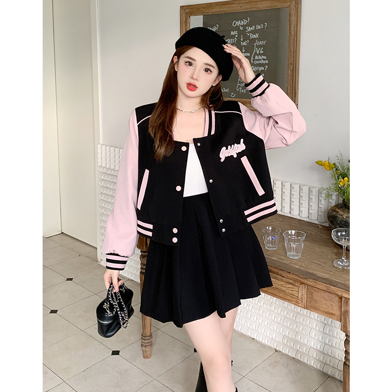 2024 plus size women's baseball uniform jacket pleated skirt suit college style embroidered slimming two-piece set