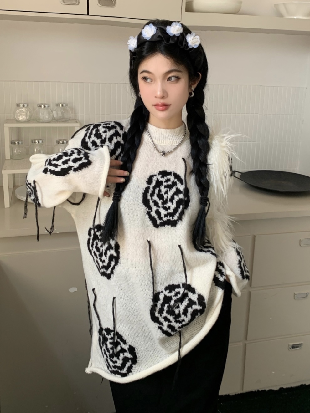 實拍 新款韓版慵懶風寬鬆玫瑰流蘇設計感顯瘦外穿毛衣上衣