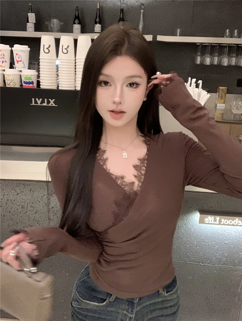 實拍復古性感V領蕾絲拼接打底衫修身顯瘦內搭長袖上衣T恤女