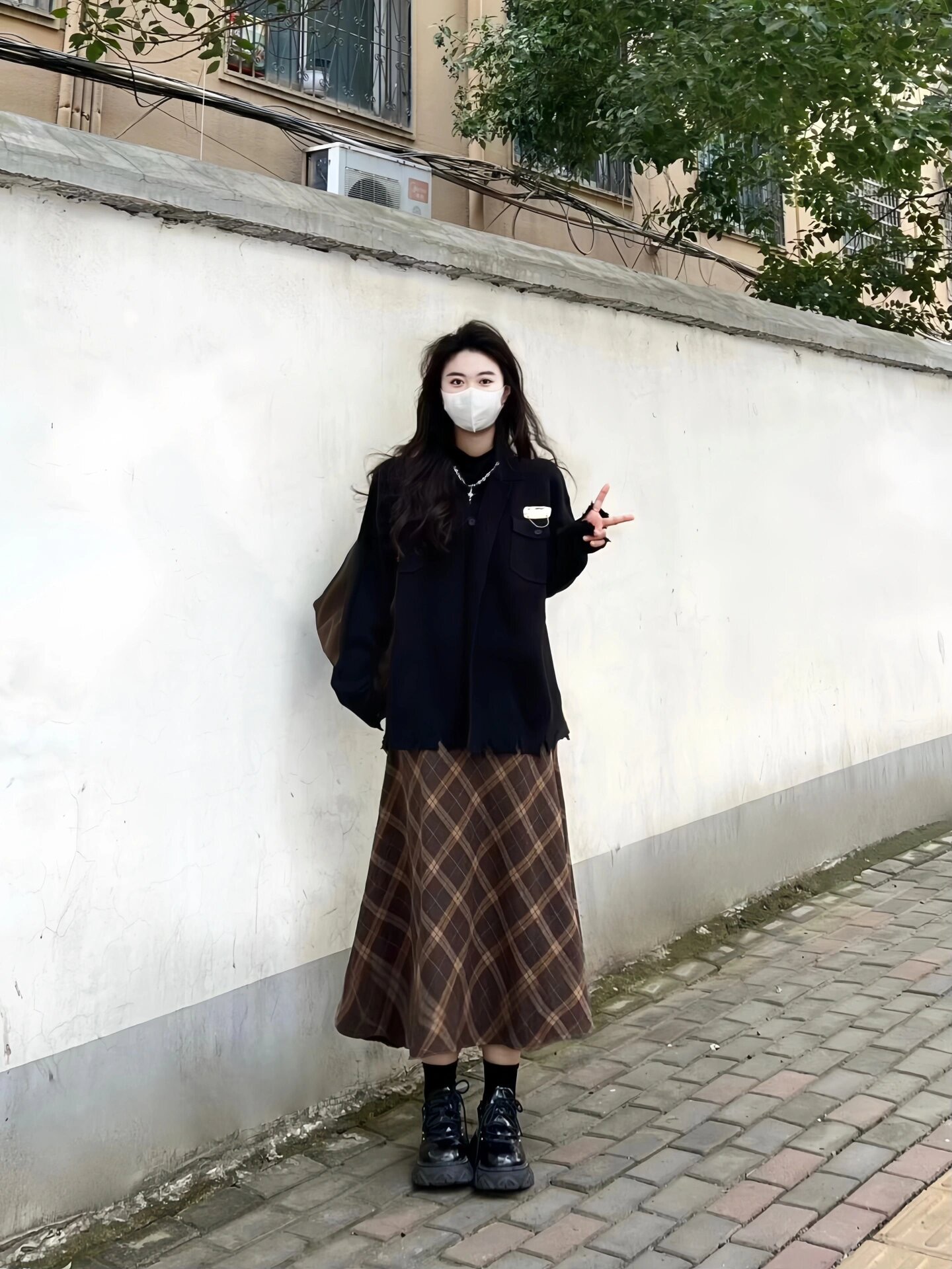 今年流行2023套裝慵懶美式格子半身裙子兩件套冬裝搭配一整套