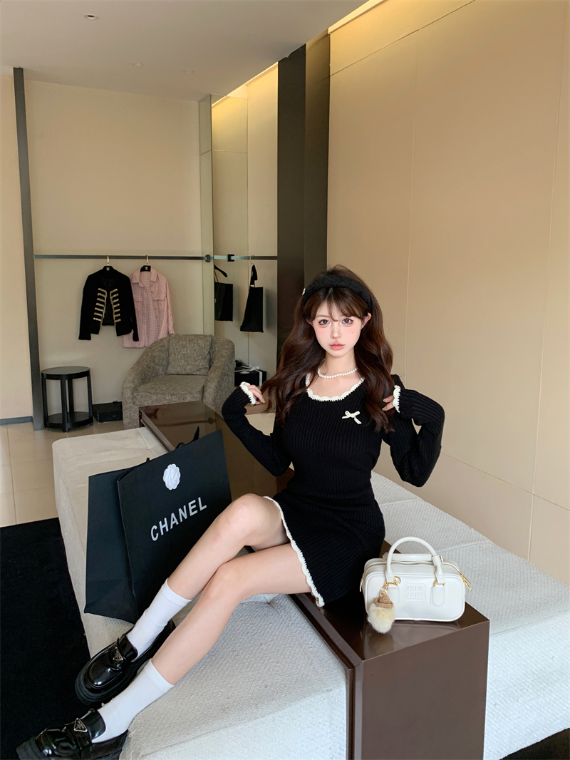實拍~針織連衣裙女秋冬超好看氣質女裝黑色法式高級裙子
