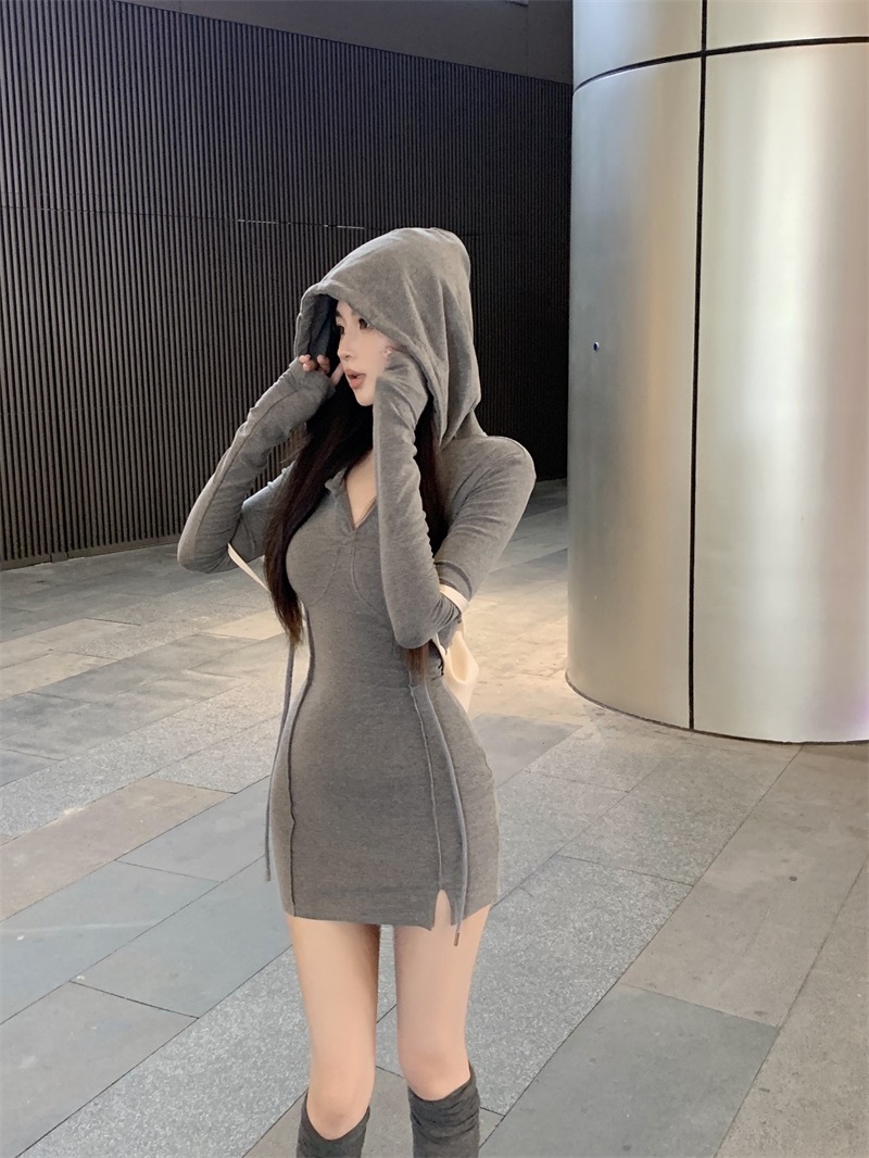 美式甜酷抽繩連帽長袖連衣裙女秋純欲收腰包臀裙氣質修身開叉短裙