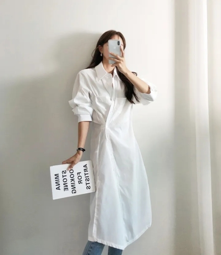 尺寸更新chic韩版春季小众设计感复古时尚单排扣长袖衬衫裙连衣裙