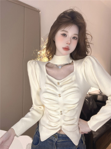 Real shot - new autumn and winter French style pleated puff sleeve halter neck slim bottoming sweater for women