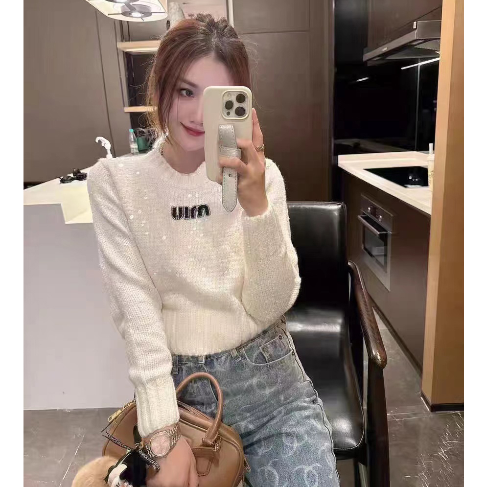 歐貨重工亮片字母套頭毛衣女2023年冬季時尚寬鬆長袖針織毛衫上衣