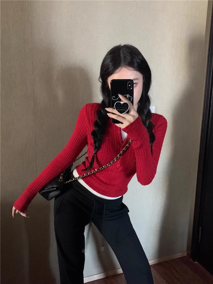 紅色麻花長袖針織衫上衣女秋冬季復古短款修身甜辣妹內搭打底毛衣