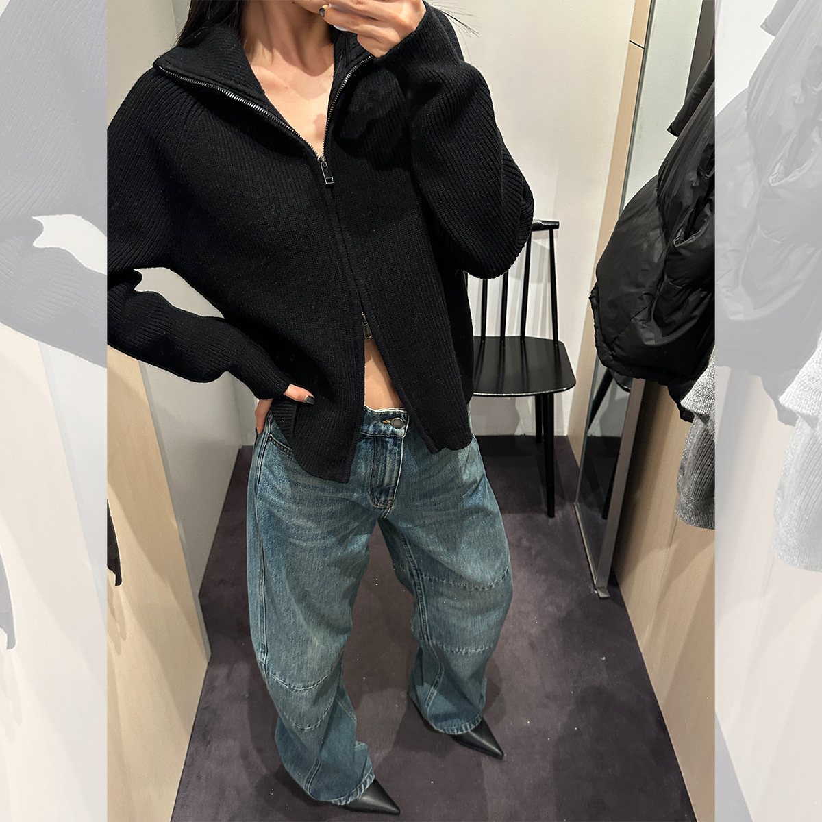 毛衣外套女寬鬆上衣女長袖開衫2023秋冬新款女裝雙開頭拉鏈針織衫