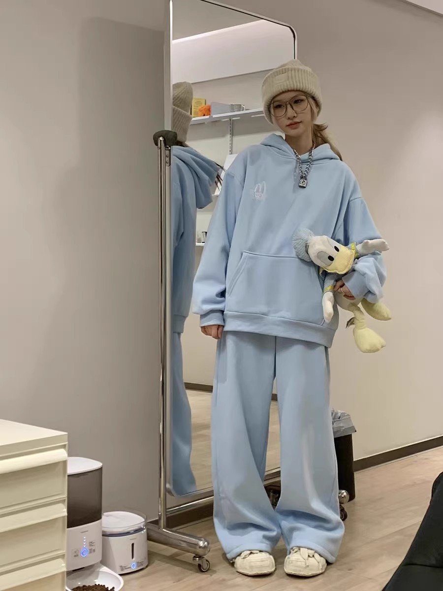 加絨加厚休閒套裝女秋冬高級感刺繡寬鬆連帽衛衣長褲兩件套