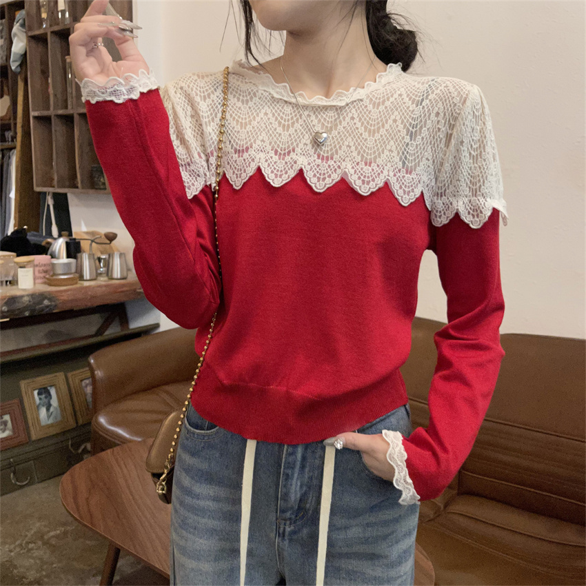 Real shot of crochet lace splicing sweater autumn and winter new year red sweater loose long-sleeved bottoming shirt for women