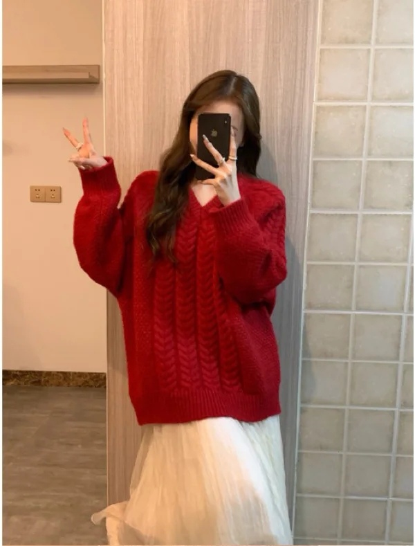 秋冬甜美新年紅純色麻花V領毛衣套裝學生寬鬆百搭保暖針織兩件套