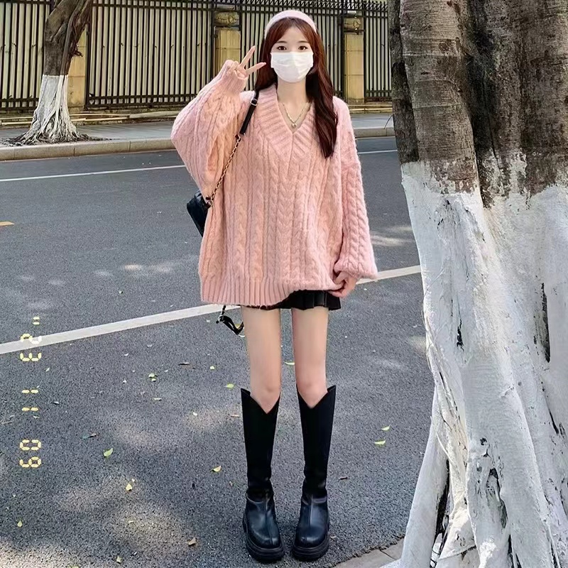 韓系穿搭套裝小個子寬鬆慵懶風麻花針織毛衣百褶半身裙兩件套秋冬