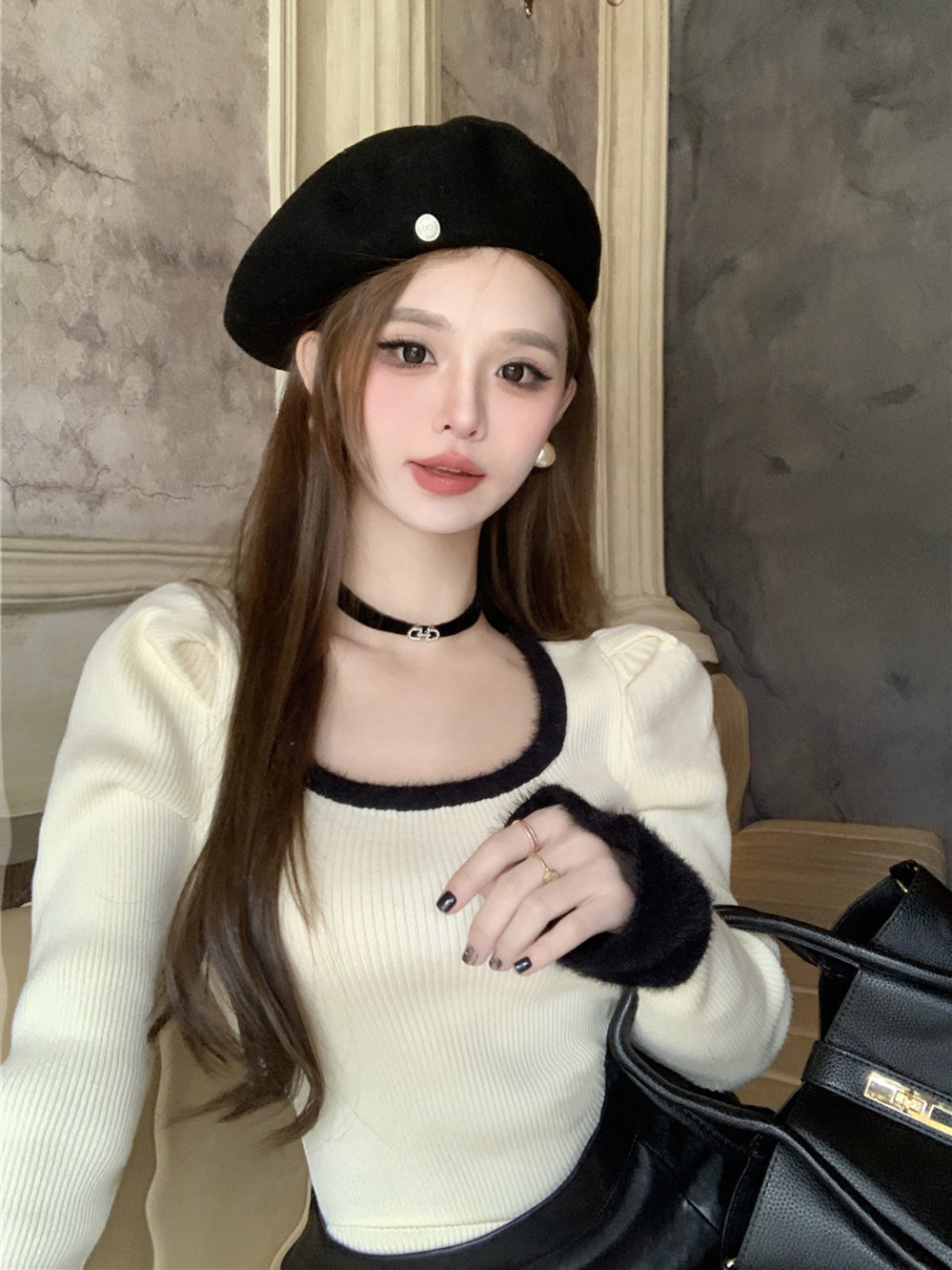 Actual shot - Korean version of furry contrasting color knitted long-sleeved bottoming women's all-match inner puff-sleeved slim sweater