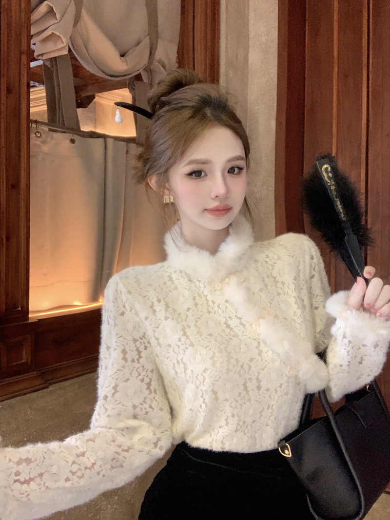 實拍 新中式國風加絨上衣打底蕾絲衫女內搭改良旗袍盤口冬季立領