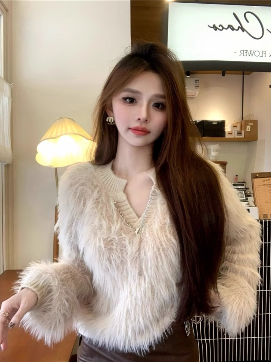設計感仿水貂毛毛衣寬鬆慵懶風長袖v領女秋冬短款套頭針織衫上衣