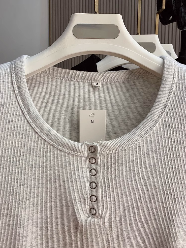 Threaded spring and autumn bottoming shirt for women with autumn and winter new style threaded slim right shoulder short top long-sleeved T-shirt