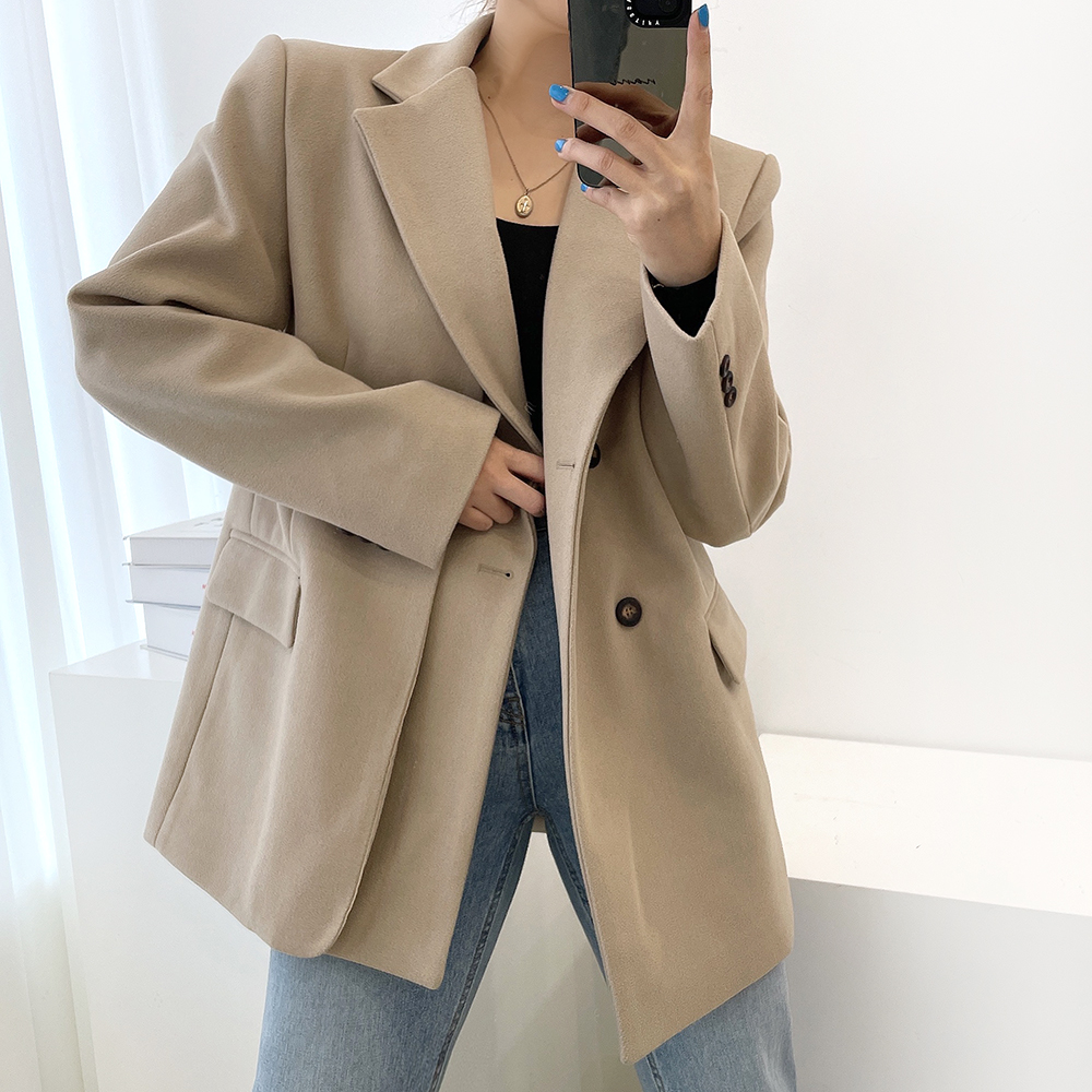 Korean style autumn and winter high-end double-layer design suit collar, loose, simple and versatile woolen suit jacket