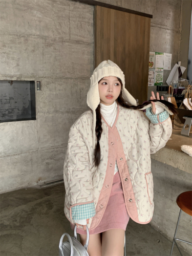 Actual shot ~ Retro small fresh floral reversible spliced ​​cotton coat winter Korean style plaid cotton coat