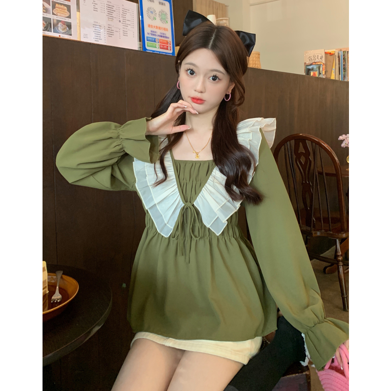 2024 Spring Plus Size Women's Simple Korean Style Ruffled Shirt Loose and Comfortable Long Sleeve Large Size Top