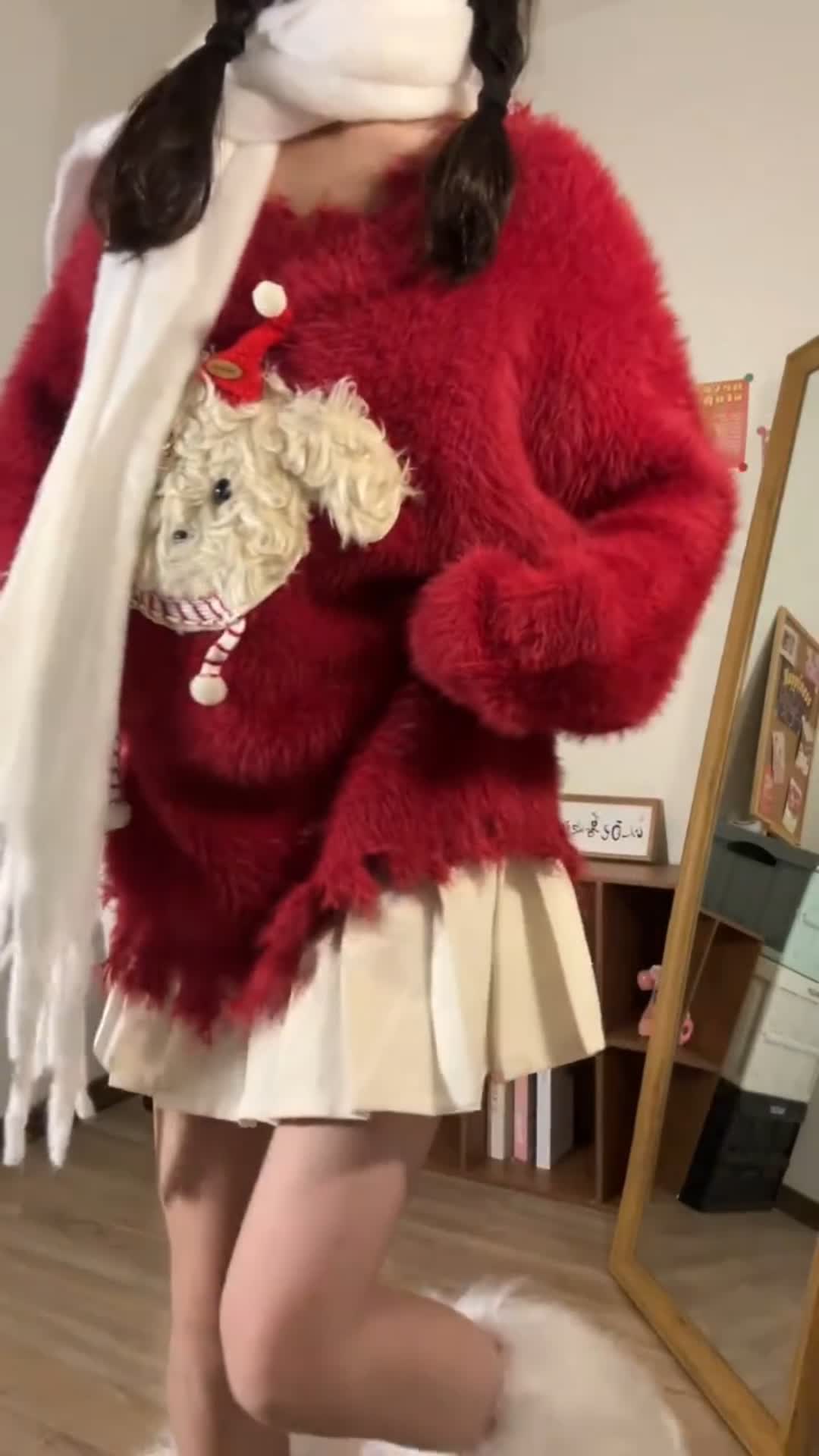 紅色聖誕狗狗毛衣白色百褶裙兩件套龍年本命年聖誕戰服跨年套裝
