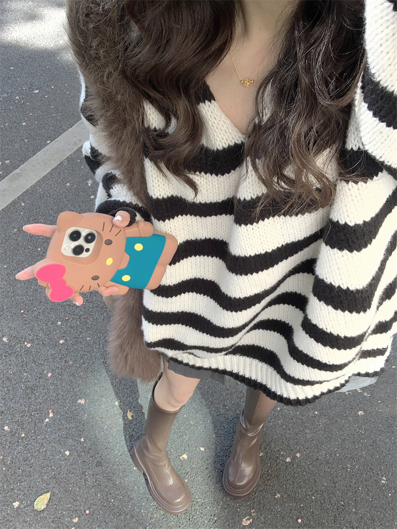 實拍#慵懶風條紋撞色V領毛衣女冬季寬鬆中長款針織衫百搭上衣