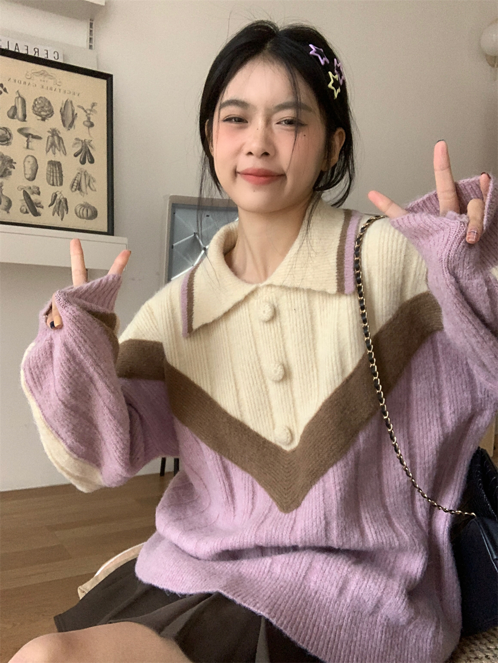 實拍  秋冬復古軟糯撞色重工毛衣套頭針織衫女
