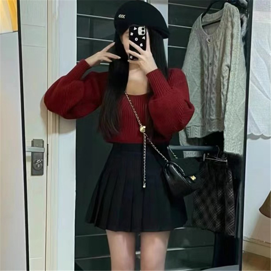 聖誕紅色短款毛衣黑色百褶裙兩件套洋氣時髦淑女氣質穿搭兩件套