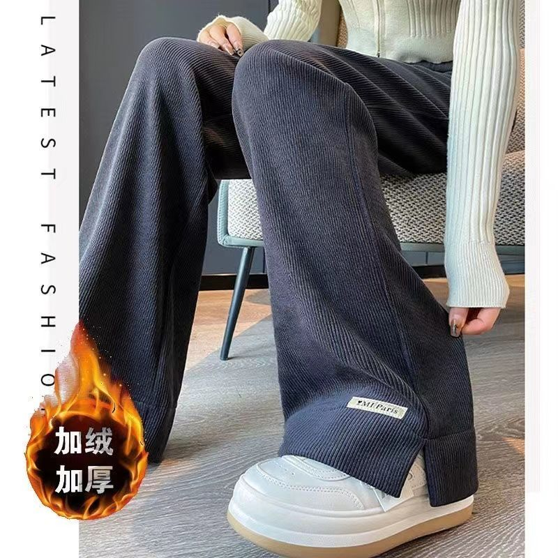 大碼黑色直筒闊腿褲女春秋冬軟糯寬鬆顯瘦高腰加絨休閒褲潮