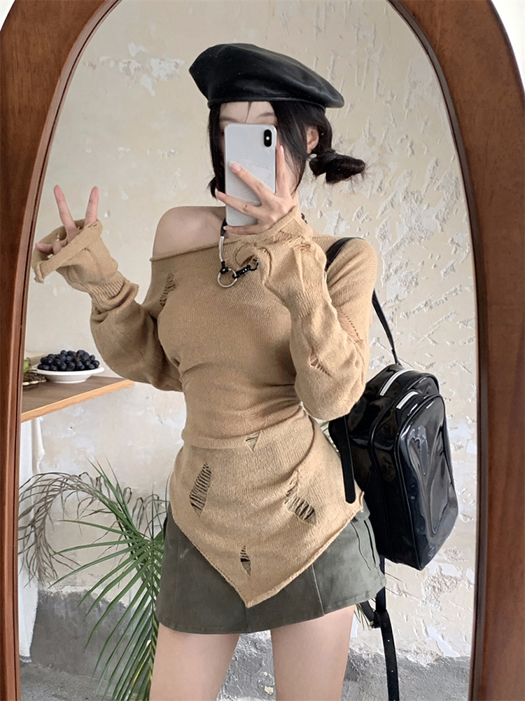 慵懶風破洞長袖防曬針織罩衫女秋季薄款不規則設計感小眾上衣外套