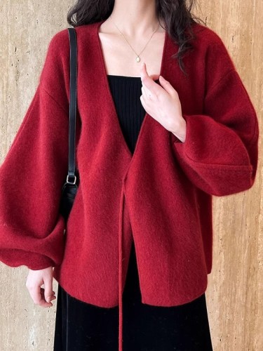 圣诞套装秋冬季气质慵懒风红色毛衣开衫外套半身裙新年两件套装女