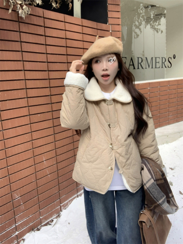 Actual shot~Japanese gentle milk puffer jacket winter double-sided lambswool plus velvet jacket Korean version for small people