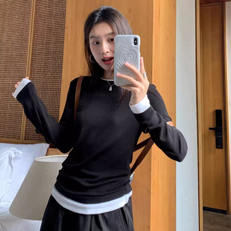 黑白拼色假兩件長袖T恤女2023秋歐貨休閒百搭顯瘦內搭打底針織衫