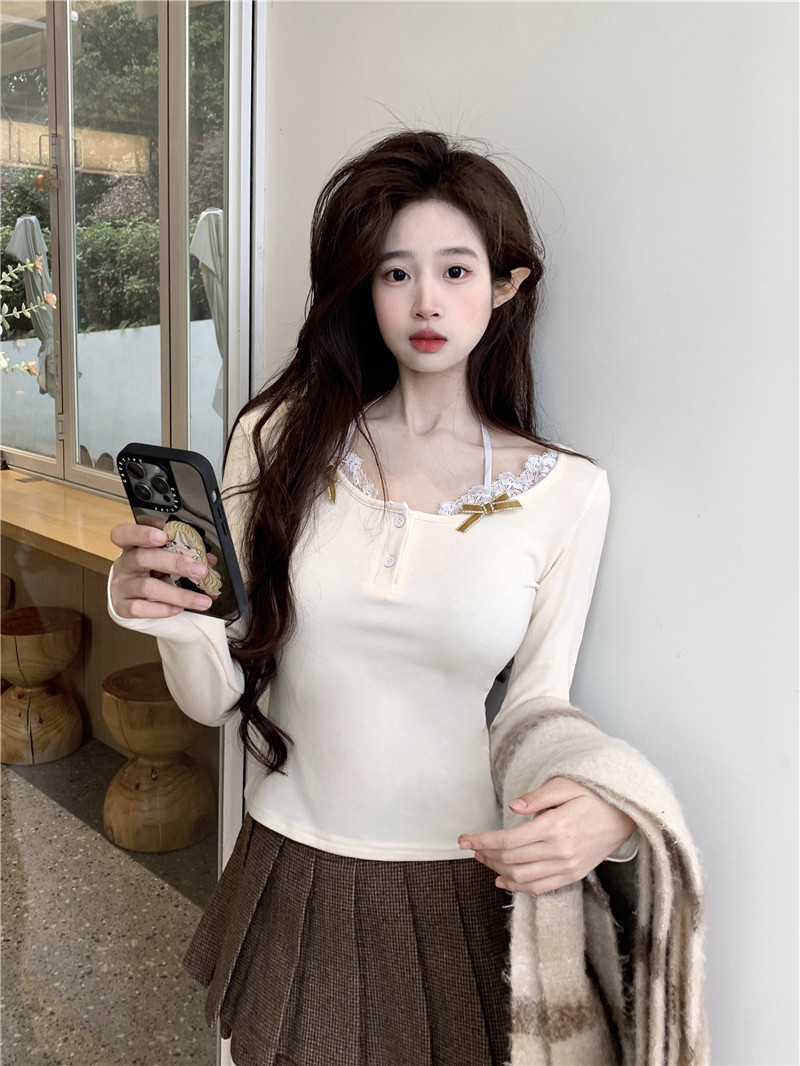 Real shot~Sexy pure lust lace stunning T-shirt early spring new slim long-sleeved bottoming shirt with inner top